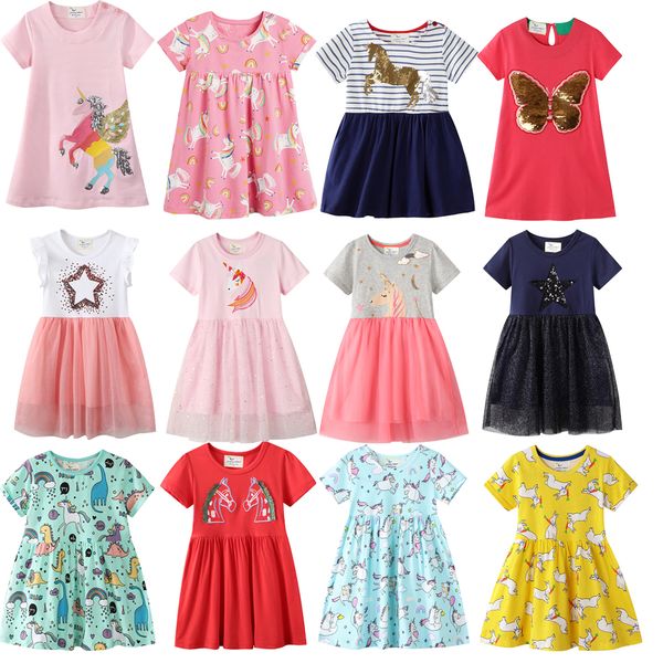 

unicorn princess dresses for girls 2021 spring summer new children wear short sleeve jumping meters baby clothes kids costume, Red;yellow