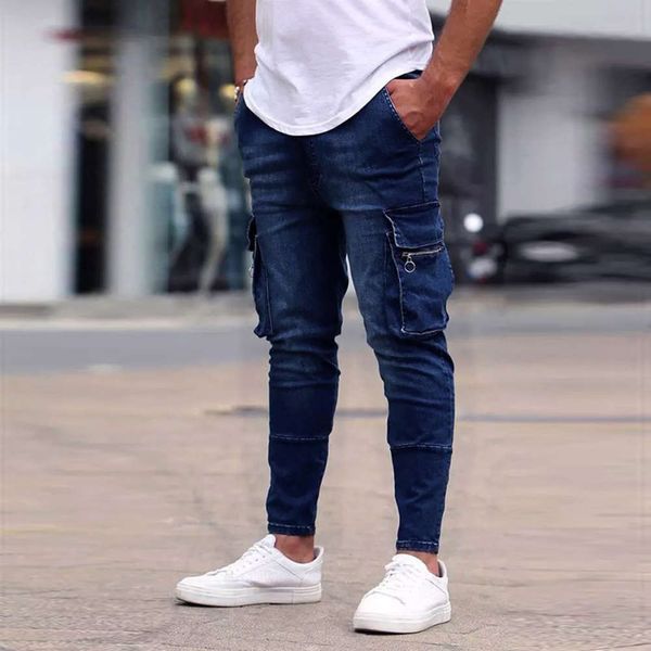 

men's multi pocket zipper decorative stretch jeans, Blue
