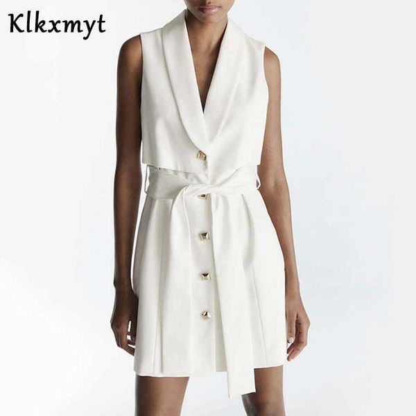 

klkxmyt za summer dress women white sleeveless waistcoat short mini woman fashion belt elegant office ladies es 210527, Black;gray