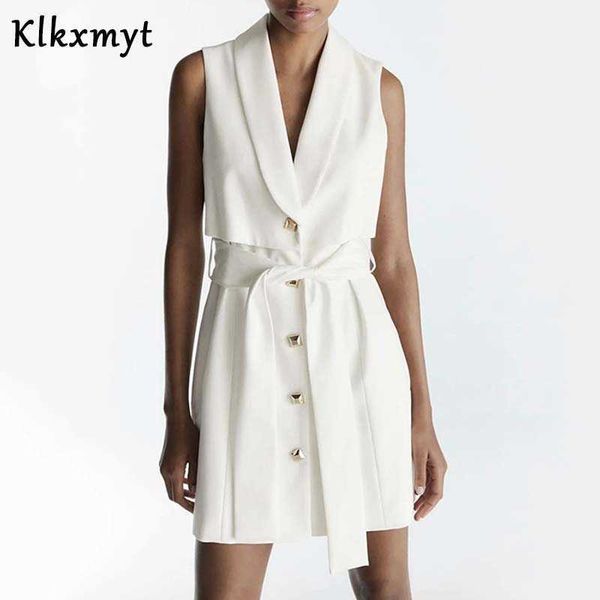 Klkxmyt Za Sommerkleid Frauen Weiß Ärmellose Weste Kurze Mini Frau Mode Gürtel Elegante Büro Damen ES 210527