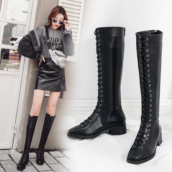 

boots thick knight low heel size lace-up women's high velvet punk, Black