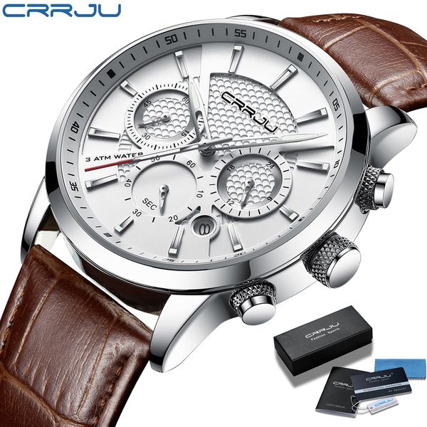 

watches mens crrju casual leather quartz men's watch brand luxury business clock male sport waterproof date chronograph 210310, Slivery;brown