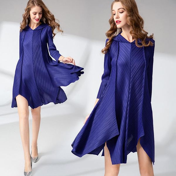 

casual dresses miyake pleated fashion irregular solid dress 2021 summer loose big doll collar shoulder ladies basic for women, Black;gray
