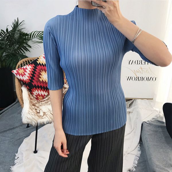 

women's knits & tees pleated shirt women t-shirt autumn korean turtleneck three-quarter sleeve bottoming aesthetic clothes outfits, White