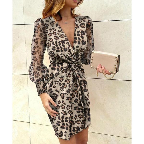 

women lady party dresses fashion deep v neck floral leopard pattern tulle sleeve bodycon sundress autumn summer casual, Black;gray