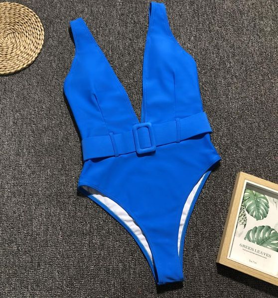 

two-piece suits solid biquini 2021 pure deep v backless swimwear maillot de bain femme with belt body swimming suit for women bathing