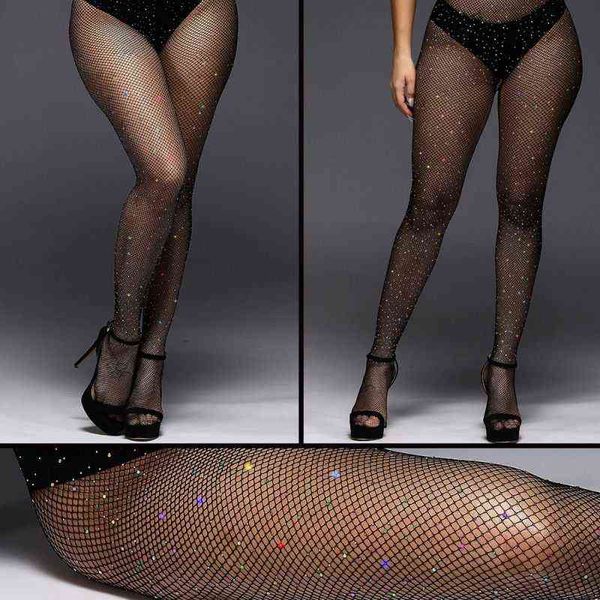 Calças-calças com Strass Brilhante Meia-calça Meias Mulheres Sexy Underwear Fishnets Plus Size Erótico Nylon Recorte Big Black Y1130