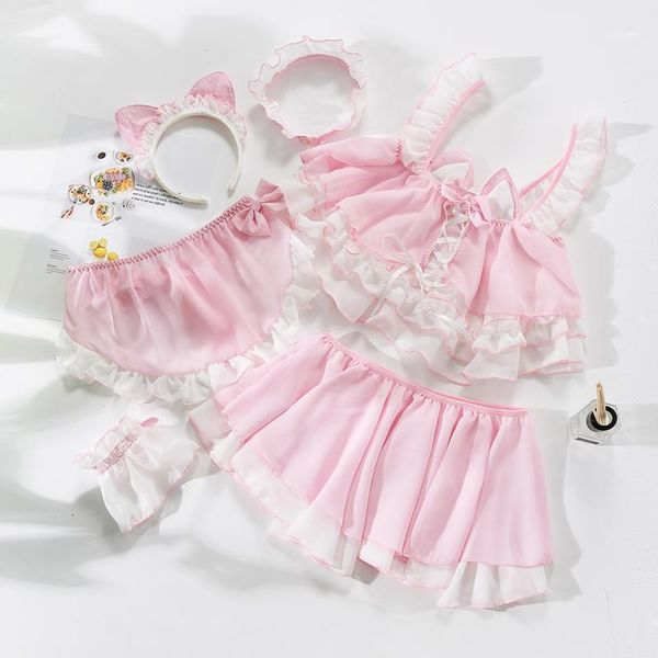 

bras sets lolita cute cat girl maid uniform transparent lingerie schoolgirl womens devil cosplay costumes anime underwear outfit1, Red;black