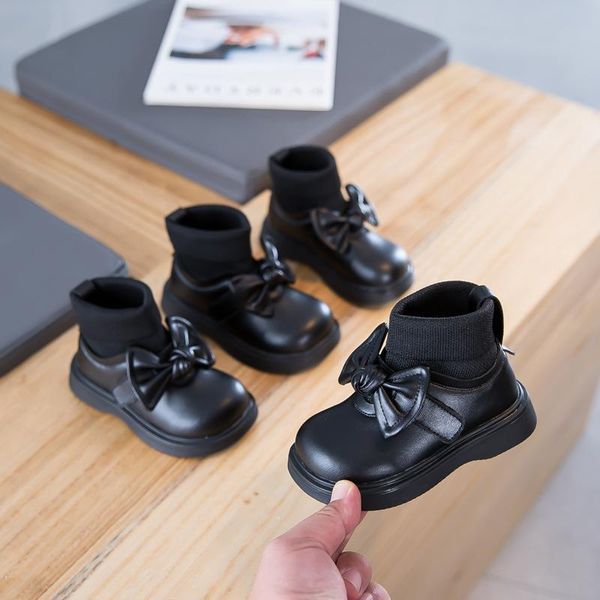 

boots winter girls casual knitted socks bow princess shoes baby leather children, Black;grey