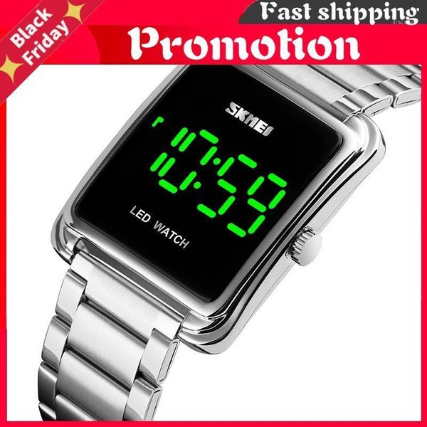 

wristwatches led display men digital wrist watches 2021 stainless steel waterproof male clock relogio masculino 1505, Slivery;brown