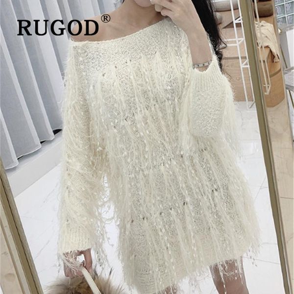 

rugod new autumn woman sweater slash neck off shoulder tassel sequin loose long style knit pull fashion female elegant pullover1, White;black