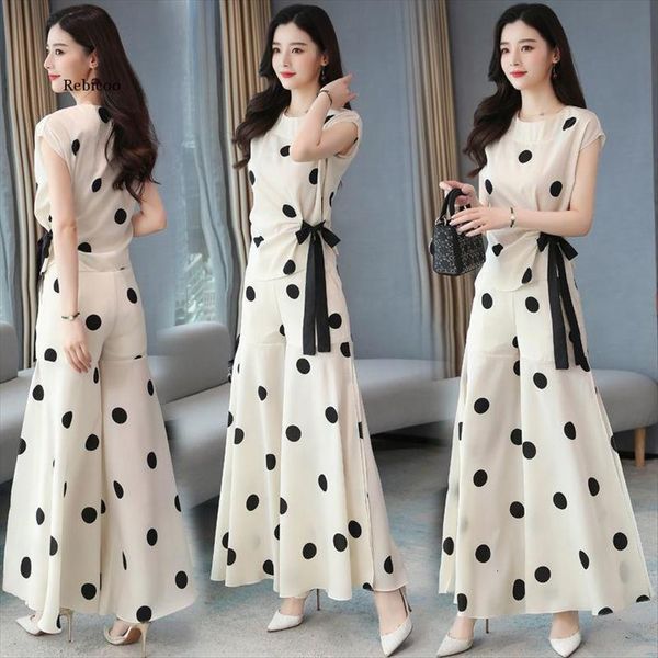 

chiffon wide leg trouser womens pant suit summer chic elegant polka dot print ivory blouse pants culottes two piece set, Black;white