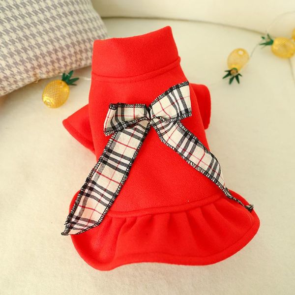 

dog apparel pet autumn and winter yorkshire teddy puppies cute england bow red woolen skirt jacket small clothes accessories