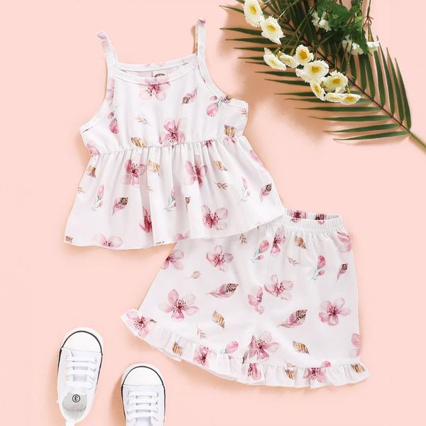 

infant girls summer clothes set baby sleeveless vest pink floral printed shirt and pants toddler girls outfits set, White