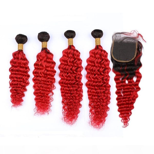 

#1b red ombre deep wave malaysian human hair weave wefts with closure bright red ombre deep wavy 4bundles with 4x4 lace front closure, Black