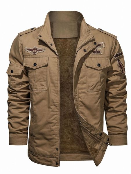 

men flap pocket letter patched teddy lined jacket w2yg#, Black;brown