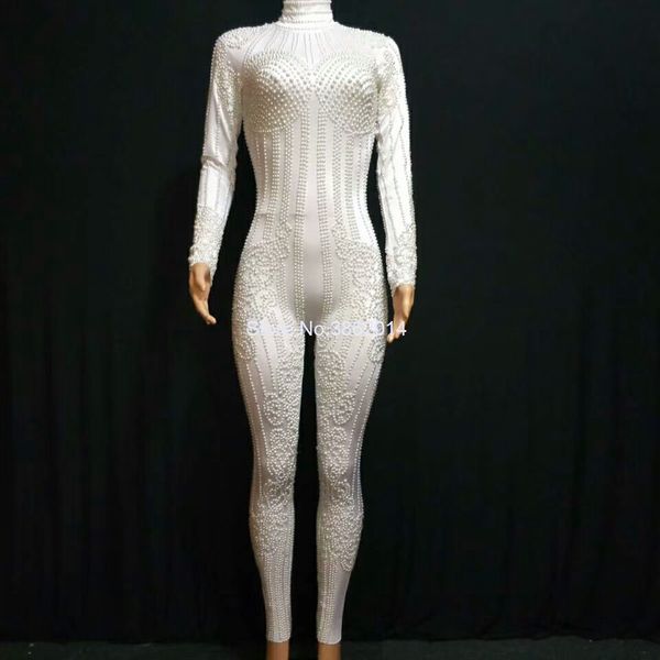 

fashion white pearls bodycon jumpsuit stretch leggings women nightclub party outfit female long sleeve bodysuit stage wear, Black;red