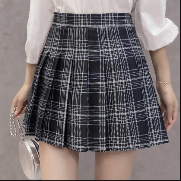 

kawaii plaid pleated summer womens skirts high waisted stitching student cute sweet girls dance mini women, Black