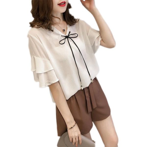 

women's bow chiffon blouse casusl v neck ruffle shirt thin loose plus size x, White