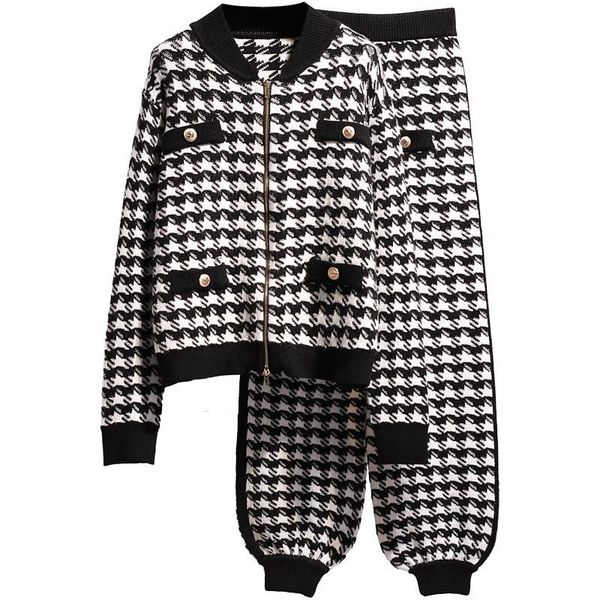 

women's two piece pants fashion houndstooth knit cardigan jacket 2 set ladies autumn long sleeve coat+bloomers women suit winter chanda, White