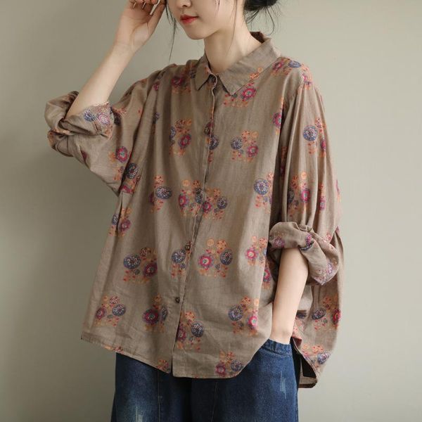 

retro literature and art loose lapel printing casual long-sleeved wild single-breasted blouse 2021 autumn women's clothing, White