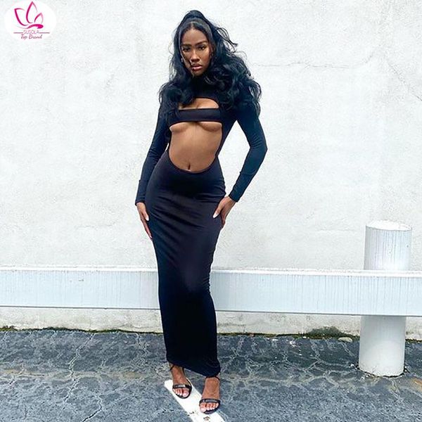 

casual dresses 2021 full sleeve solid hollow out turtleneck maxi dress autumn winter women fashion party club clothings, Black;gray