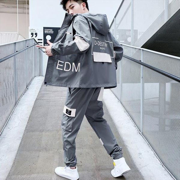 

korean streetwear sets sportswear patchwork men tracksuits hip hop jacket sweatpants jackets joggers suits dropshipping, Gray