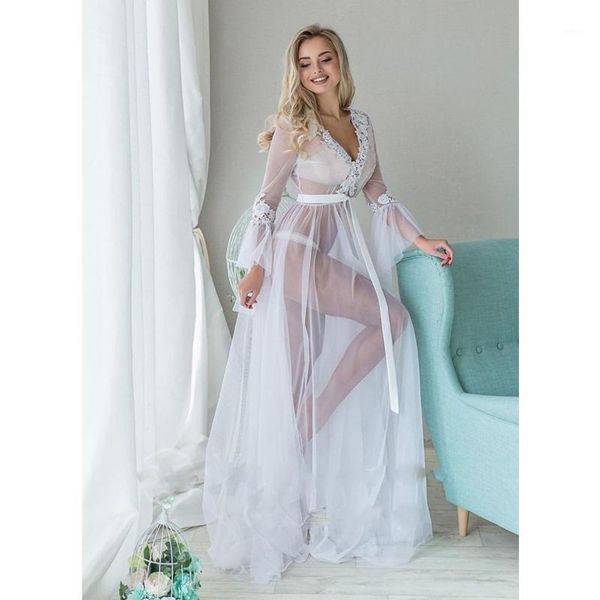 Mulheres Sleepwear Sexy Lace Kimono Long Robe Mulheres ver através do roupão de banho maxi vestido camisola vestido de banho flared manga tampa para cima