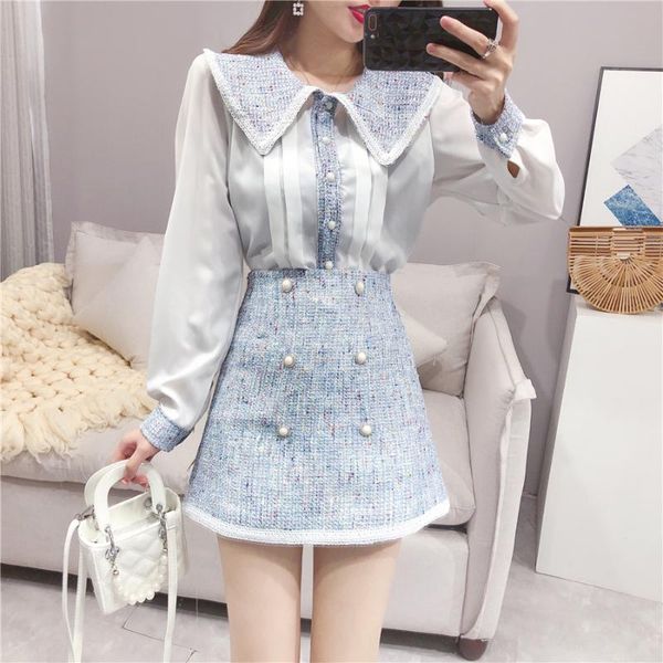 

two piece dress tweed patchwork chiffon see through shirt + double-breasted woolen mini skirt suit 2021 autumn women 2 set, White