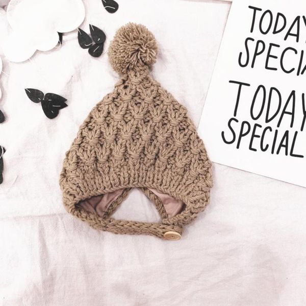 

caps & hats winter cap solid color windproof children ear protection thicken knitted kids hat for home, Yellow