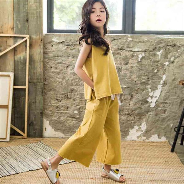 

summer casual teens girls vest set sleeveless with loose pants cotton kids outfits 2pcs children clothing sets, White