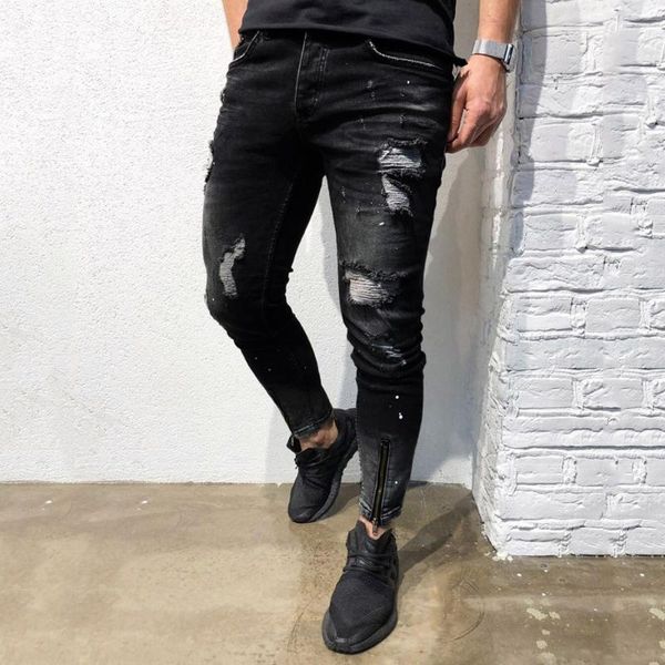 

men's jeans mens hip hop black pants cool skinny ripped stretch slim elastic denim masculina large size for male casual jogging, Blue