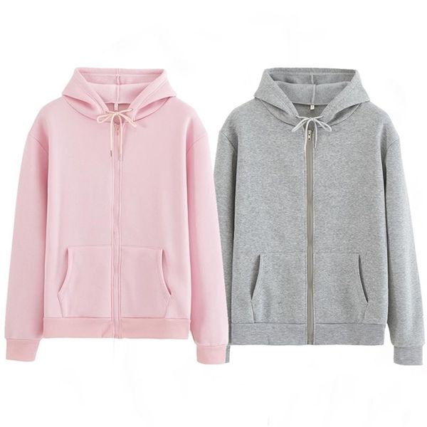 

women sweatshirt casual solid colors oversized full zip-up hoodies jacket winter velvet thickening warm long sleeve 201102, Black
