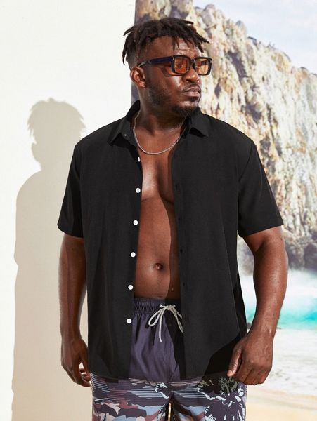 

extended sizes men solid button front shirt i7s4#, White;black
