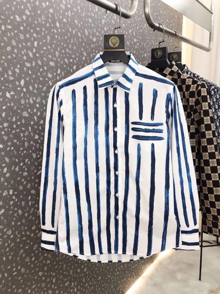

men's casual shirts cotton shirt with blue and white stripes print slim fit style long-sleeved shirt| 219109589, White;black