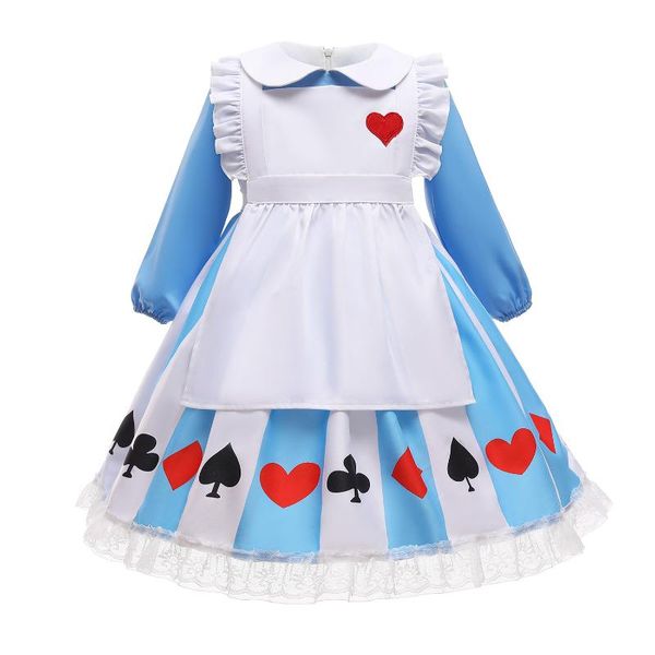 

girl's dresses maid dress lolita with headwear long sleeve striped pleat poker print lace up ruffles cute princess for girls arrival, Red;yellow