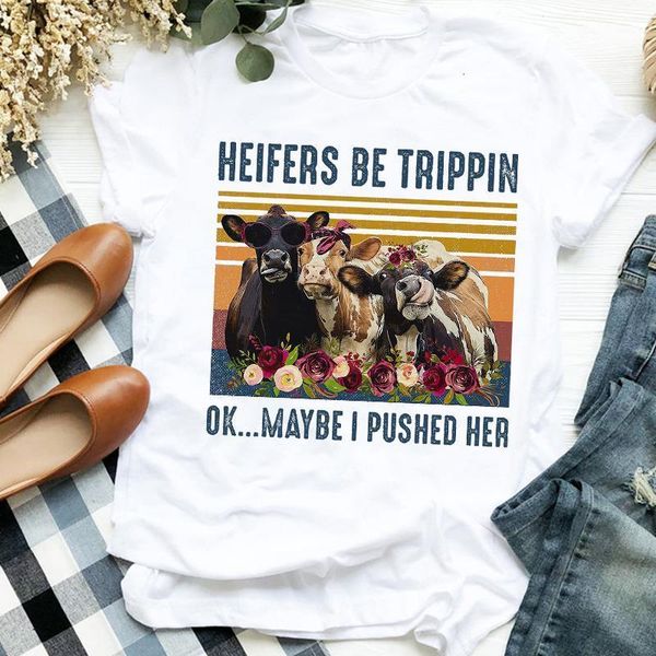 

women lady cartoon heifer flower cattle clothing 90s cute print tshirt shirt clothes graphic female t tee womens t-shirt, White