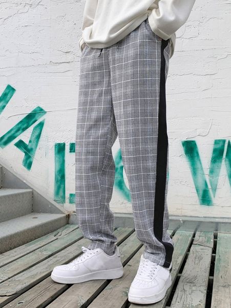 

men plaid contrast tape drawstring waist pants u1uu#, Black