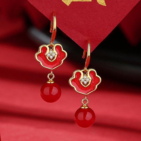 

stud chinese style tremella hook red drop oil inlaid diamond ruyi earrings pearl simple atmosphere christmas year female, Golden;silver