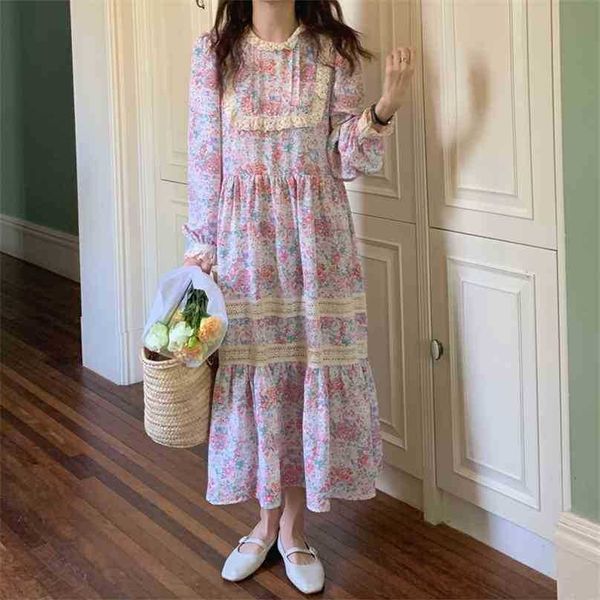 

girls o-neck brief prairie chic all match printing lace spring long sleeves elegance dresses vestidos 210525, Black;gray