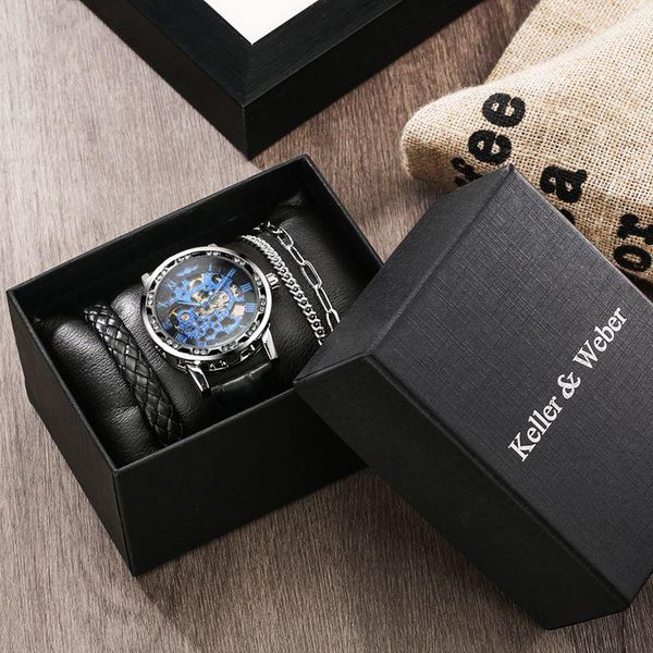 

wristwatches keller & weber men's watch diamond inlaid silver shell blue face core machine manual mechanical with trend bracelet, Slivery;brown