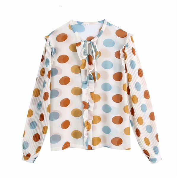 

women's knits & tees sweet women bow collar color dot shirts fashion ladies pleated puff sleeve elegant female chic chiffon r, White