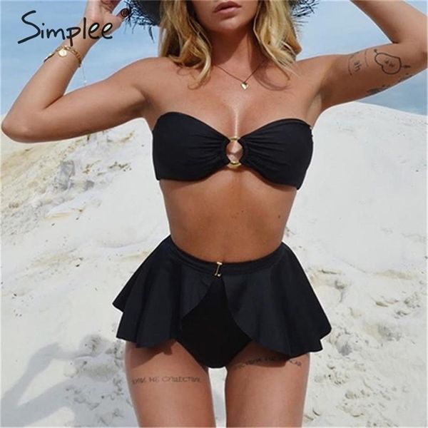 

high waist bikinis set off shoulder ruffled summer spring swimwear female push up bathing suit women ring swimsuit 210702, White;black