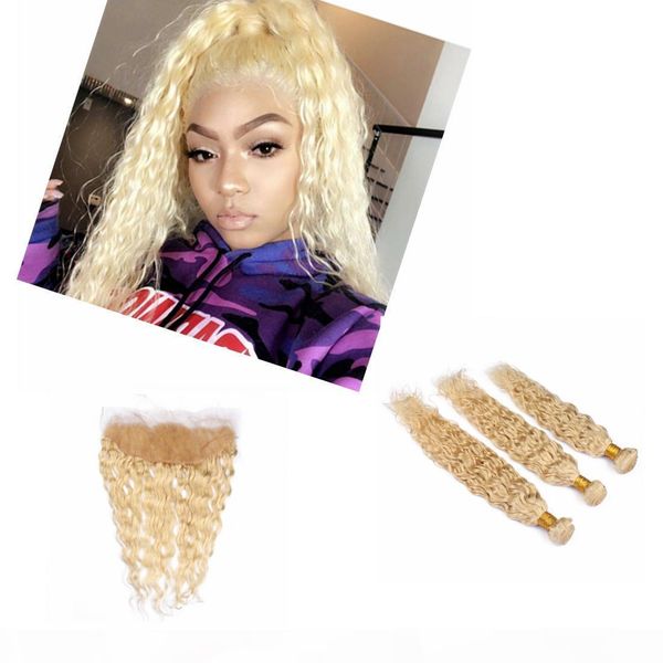 

brazilian blonde weave hair human bundles with closure 13x4 lace frontal brazilian blonde virgin hair water wave 3 bundles, Black;brown