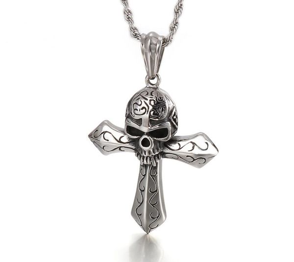 

vintage cross skull pattern ghost head necklace men's stainless steel pendant jewelry rope chain 4mm 22 inch, Silver