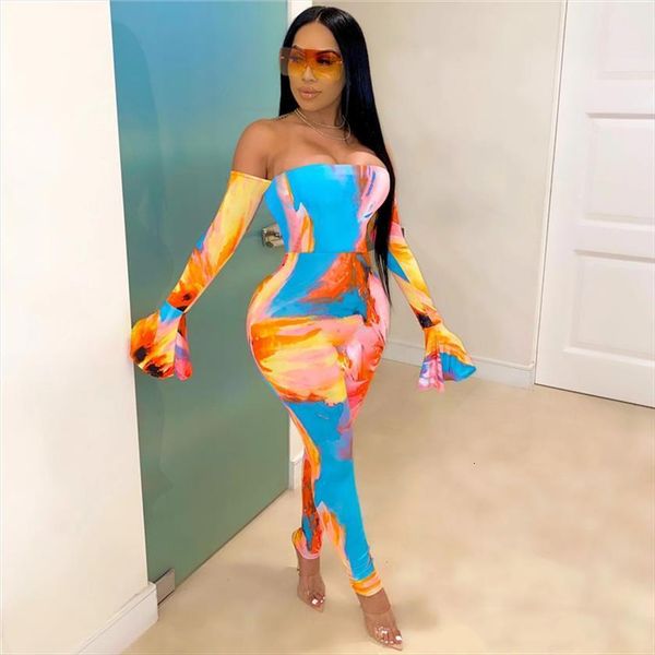 

tie dye print women jumpsuits off shoulder flare sleeve strapless bodycon one piece party clubwear, Black;white