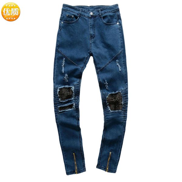 

jean fashion jeans motorcycle men's blue leather pierced pants trend biker
