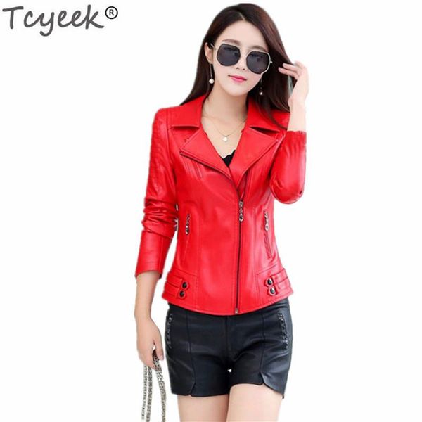 

women's leather & faux tcyeek pu jackets 2021 est fashion elegant spring autumn jacket large size of ladies clothing 6xl coat lwl462, Black