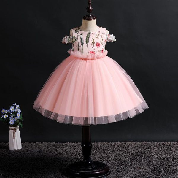 

girl's dresses flower girls off the shoulder embroidery short tulle lace o-neck knee-length luxury pink kids party princess gown f267, Red;yellow