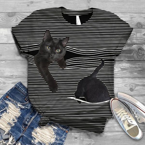 

fashion women large size round-neck short sleeve 3d cat animal cute interesting lifelike printing striped casual t-shirt, White